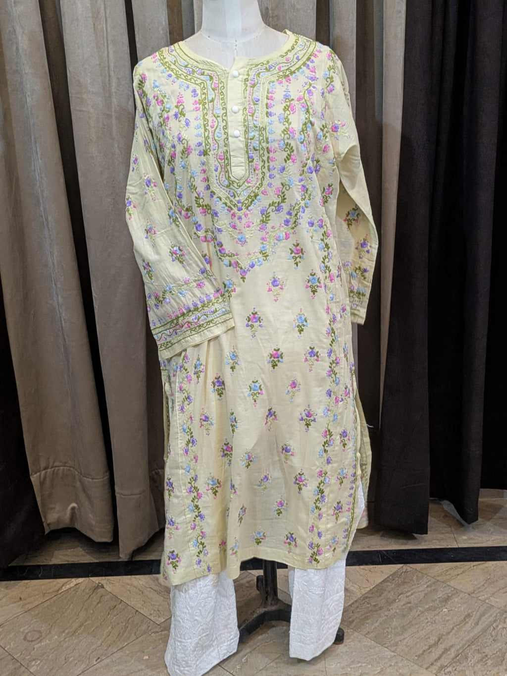 Pale Yellow Stitched Kurta
