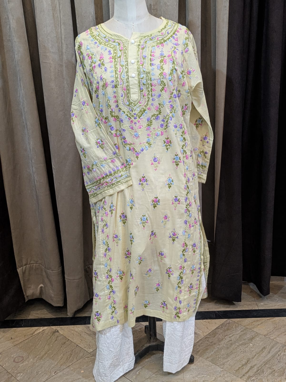 Pale Yellow Stitched Kurta