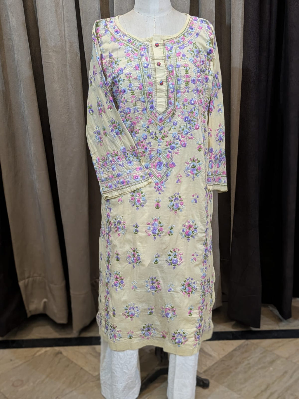 Pale Yellow Stitched Kurta